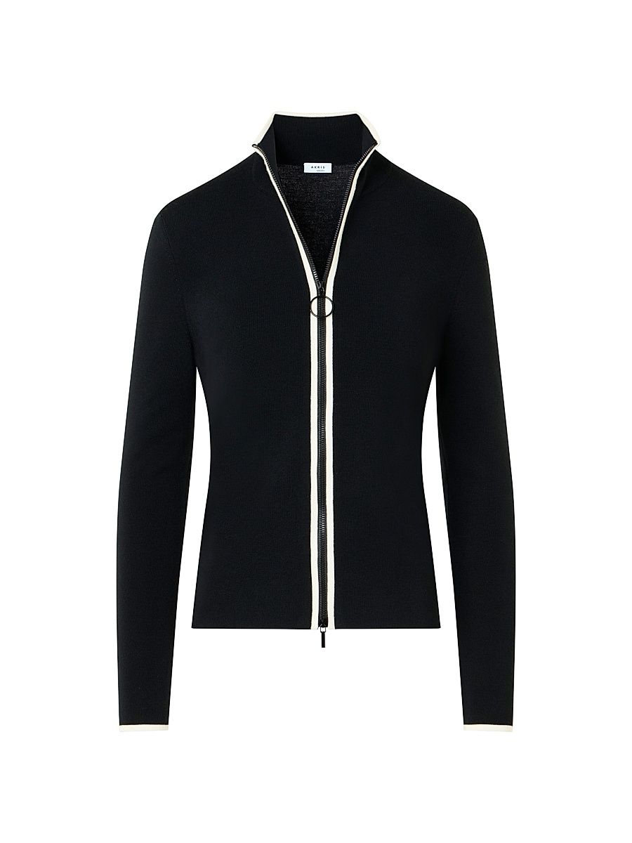 Women's Stripe Stretch Wool Zip Cardigan - Black Cream - Size 16