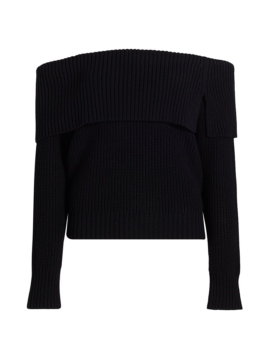 Women's Off-the-Shoulder Rib-Knit Cotton-Wool Sweater - Black - Size Large
