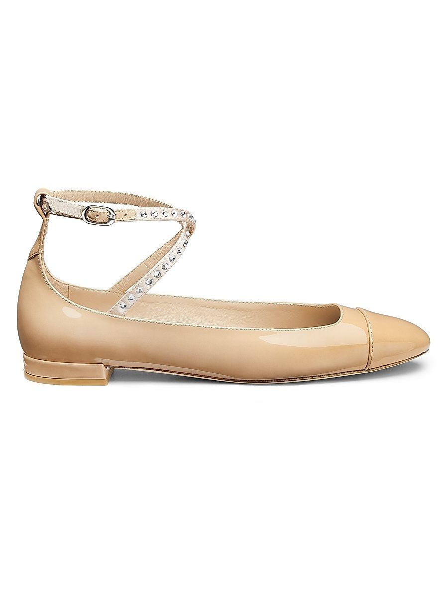 Women's Eden Crystal-Embellished Leather Ankle-Wrap Flats - Adobe - Size 7.5