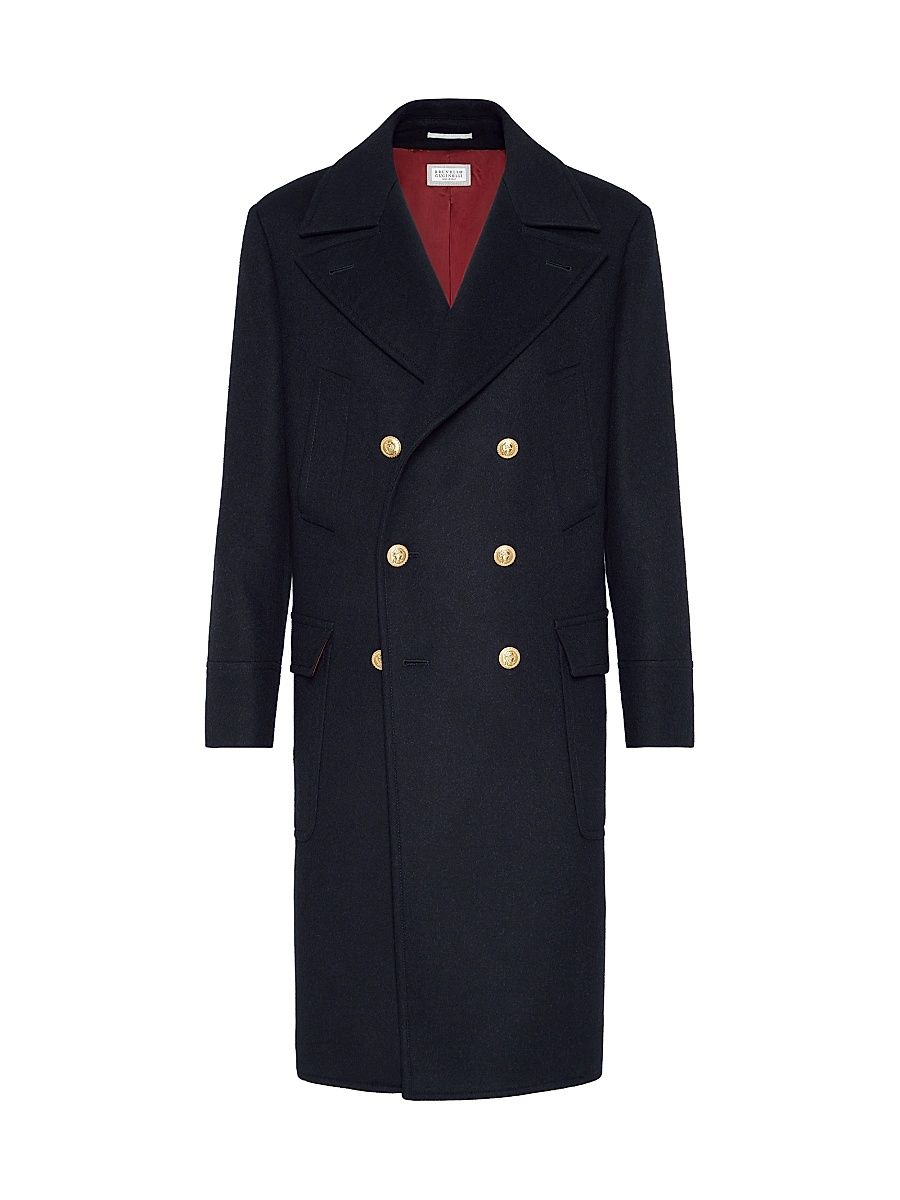 Men's Wool Double Cloth One and a Half Breasted Coat - Navy Blue - Size 42