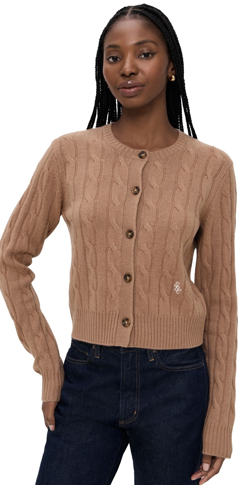 Sporty & Rich Cable Knit Cashmere Cardigan Camel XL