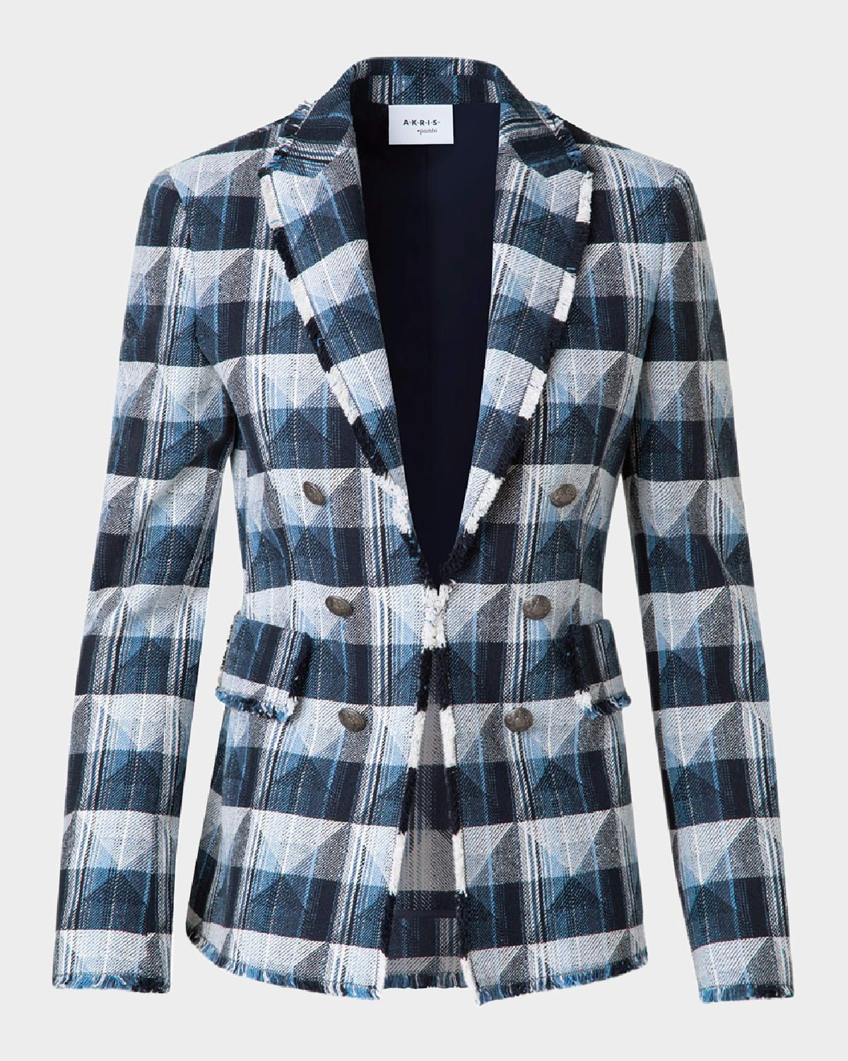 Rhombus Jacquard Denim Blazer with Double Breast Illusion