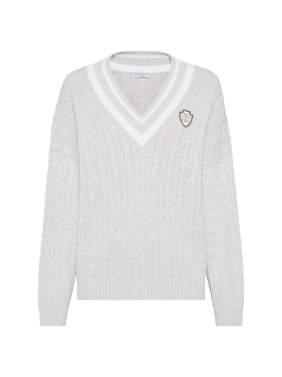 Women's Cotton Cable Sweater with Logo - Light Grey - Size XXXL