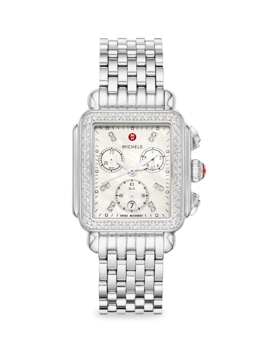 Michele Women's Deco Stainless Steel, Mother-Of-Pearl & 0.60 TCW Diamond Chronograph Watch/33MM x 35MM - Stainless Steel