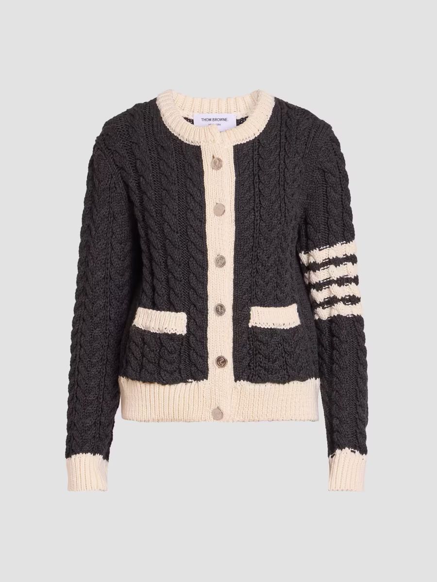 Thom Browne Women's Cable-Knit Virgin Wool Crewneck Cardigan - Dark Grey - Size 8