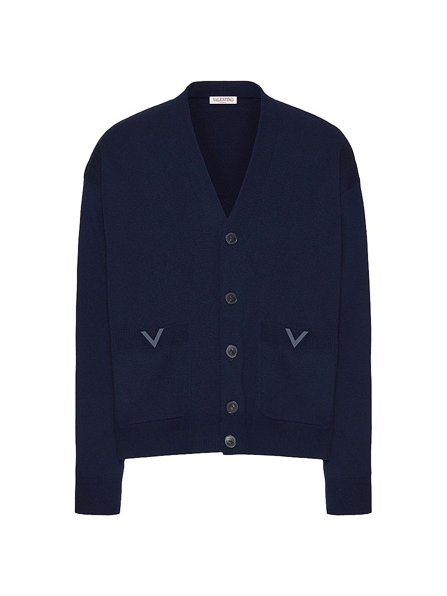 Men's Wool Cardigan with Rubberized V Detail - Navy - Size Large