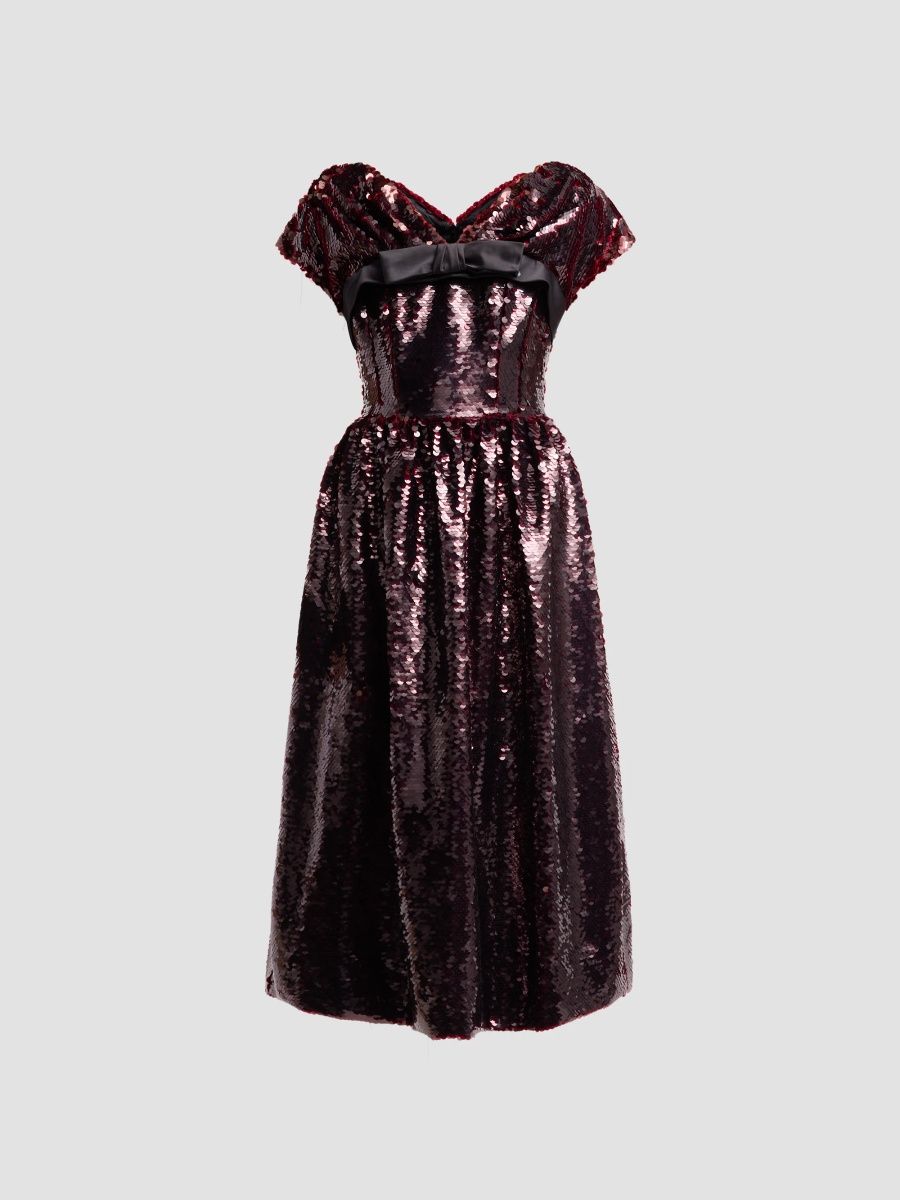 Simone Rocha Women's Sequined Bow Cap-Sleeve Midi Dress - Deep Red - Size 12