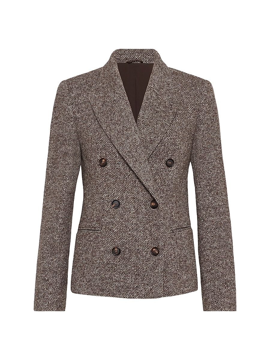 Women's Virgin Wool and Silk Mélange Diagonal Blazer with Monili - Brown - Size 14