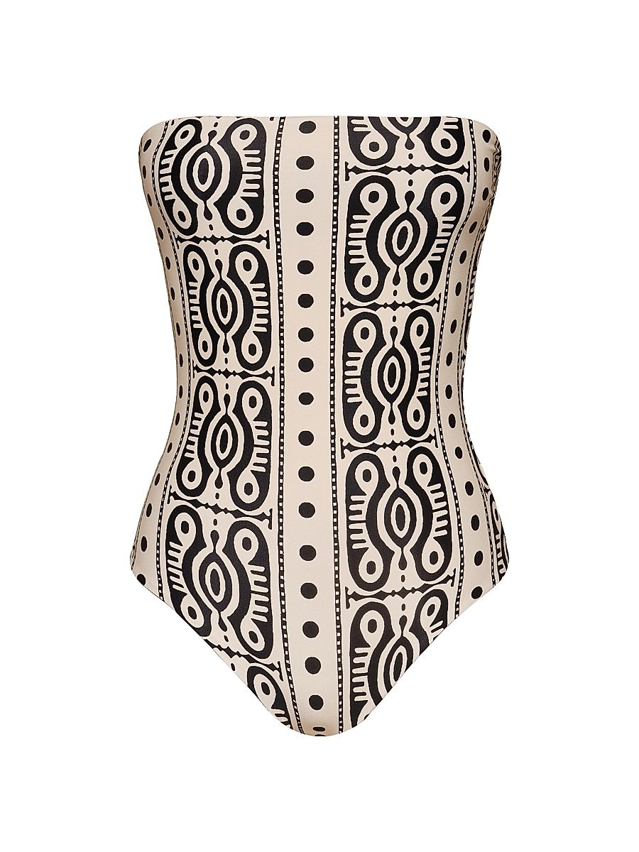 Women's Sun Printed Strapless One-Piece Swimsuit - Ecru Black - Size Medium