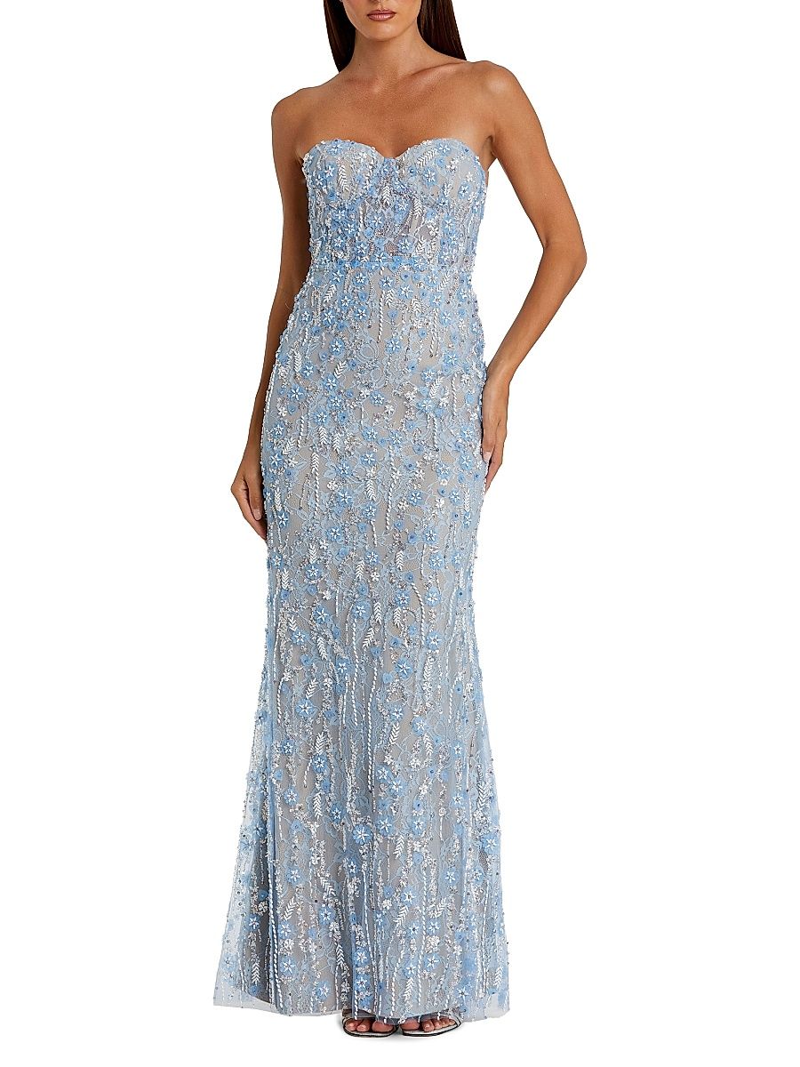 Women's Embellished Floral Lace Strapless Bustier Gown - Blue - Size 12
