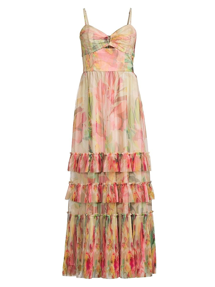Women's Elliott Ruffled Printed Tulle Sweetheart Gown - Taupe Overlay Tropical Floral - Size 12
