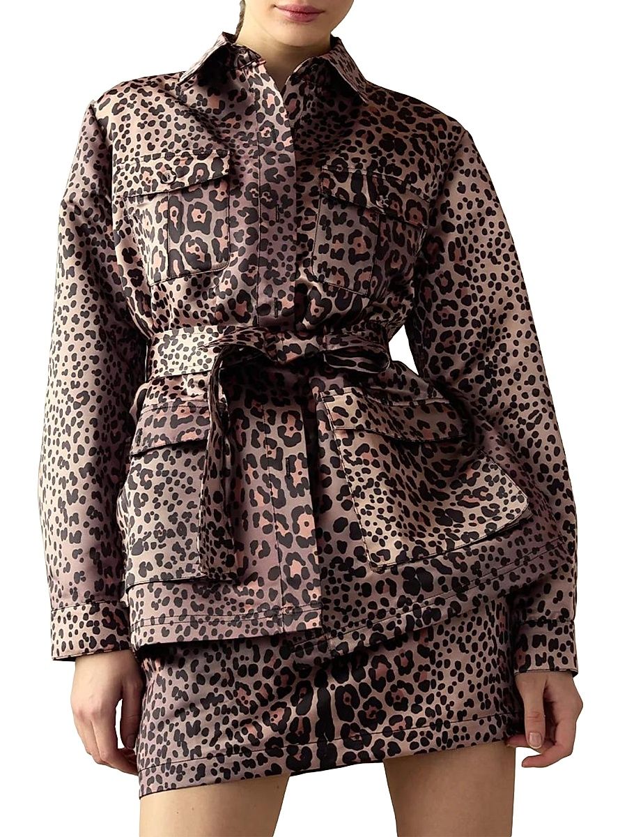 Women's Leopard Satin Belted Utility Jacket - Leopard - Size Small