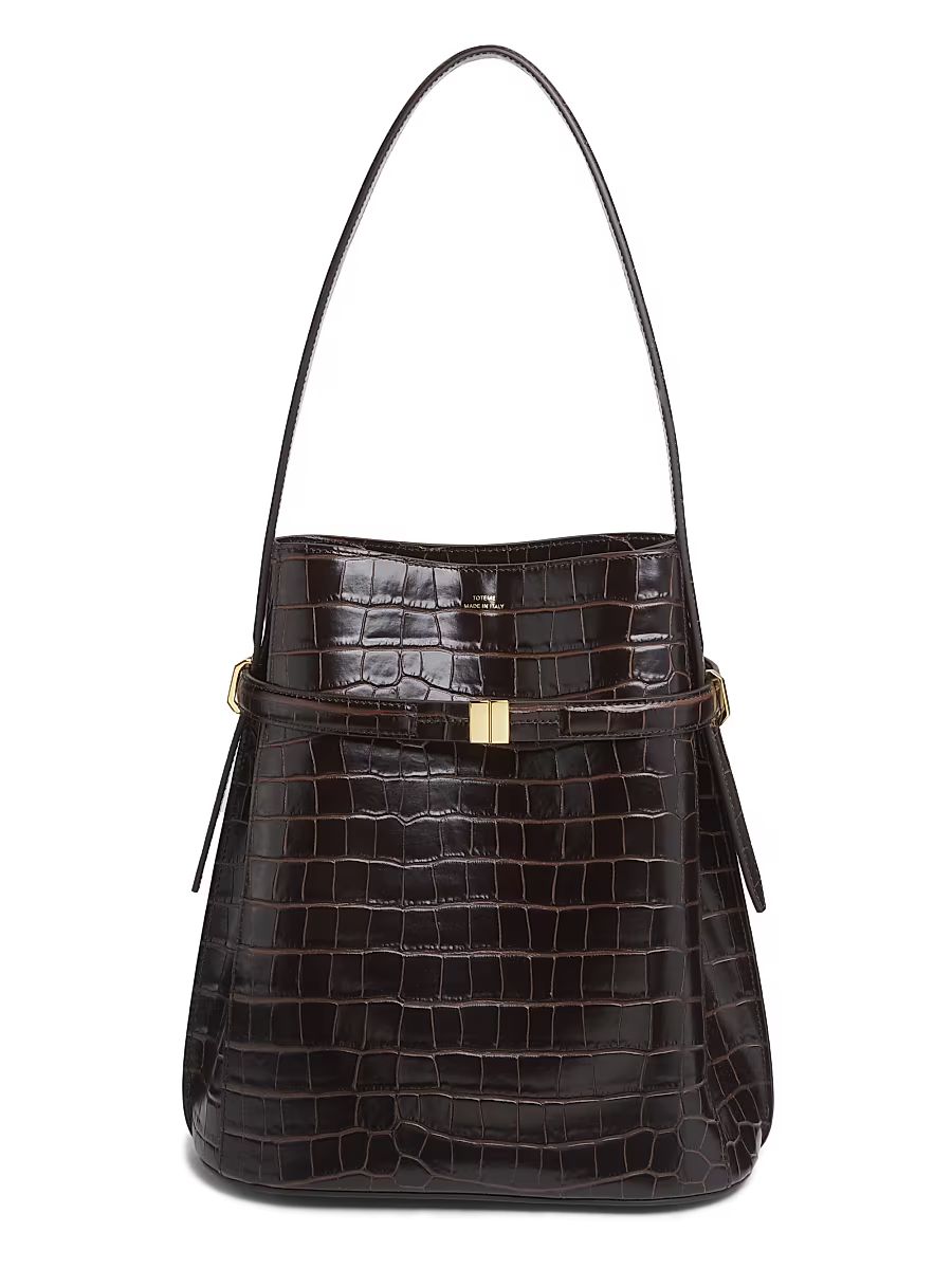 Women's Belted Crocodile-Embossed Leather Bucket Bag - Dark Brown