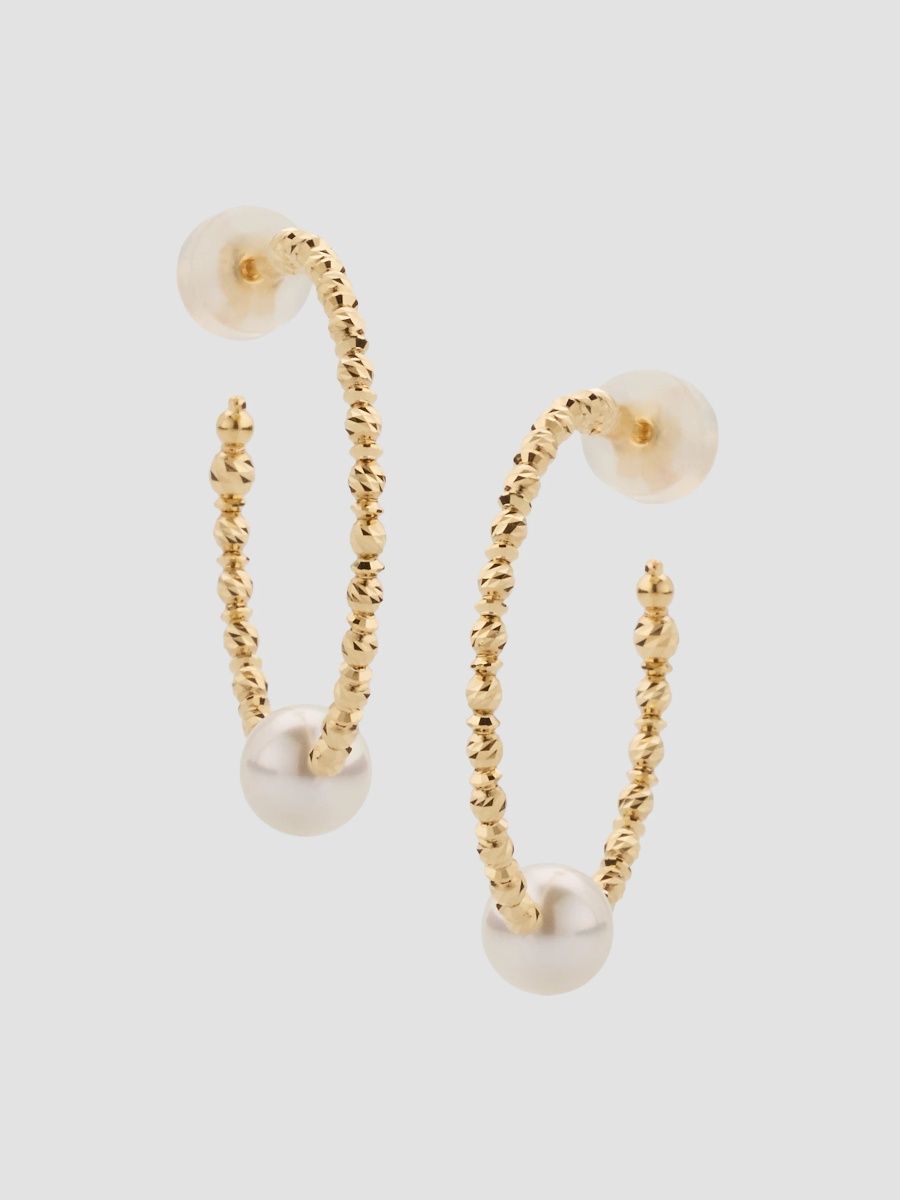 Women's 18K Gold & Cultured Akoya Pearl Hoop Earrings/1" - Yellow Gold
