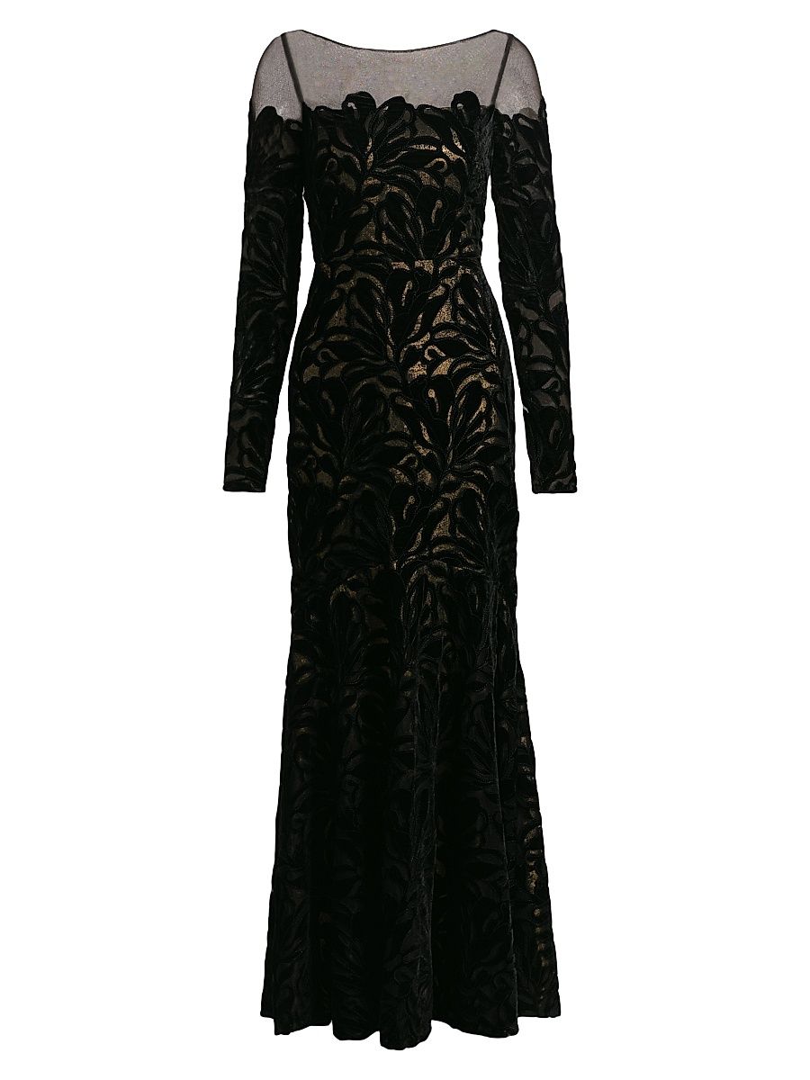 Women's Velvet Lace Fit & Flare Gown - Black Gold - Size 16
