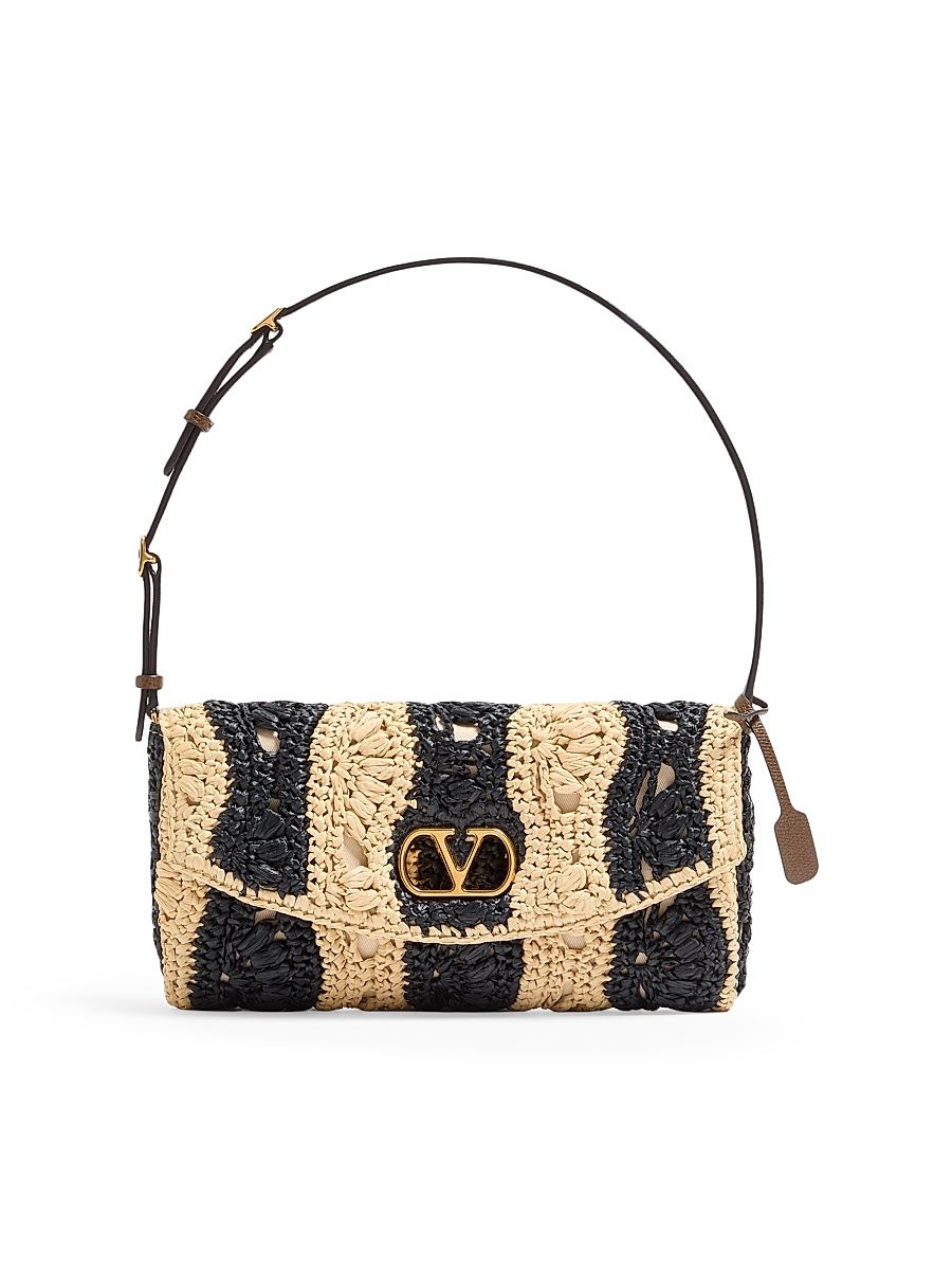 Women's DeVain Small Shoulder Bag in Raffia with Wave Pattern - Natural Black