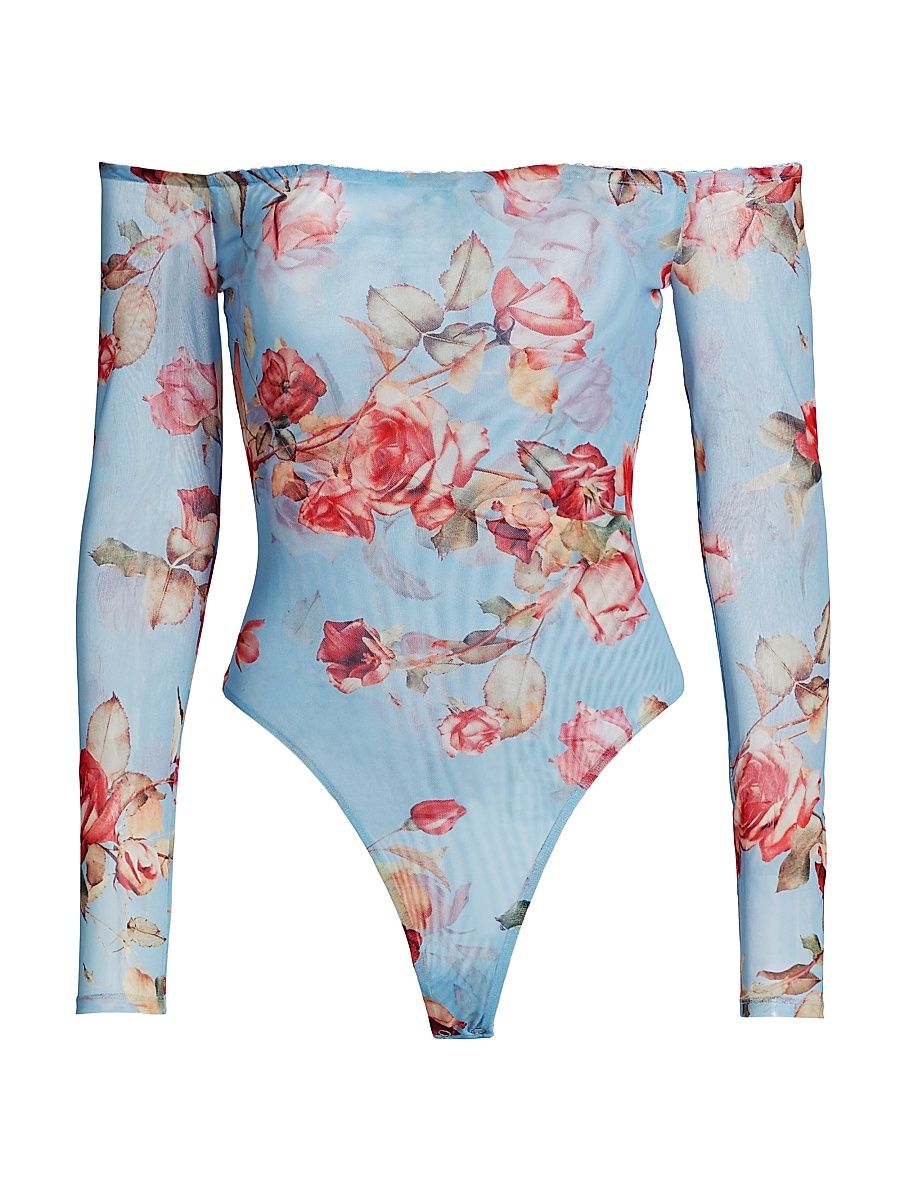 Women's Peonie Stretch Off-the-Shoulder Bodysuit - Light Blue Tapestry Floral - Size Medium