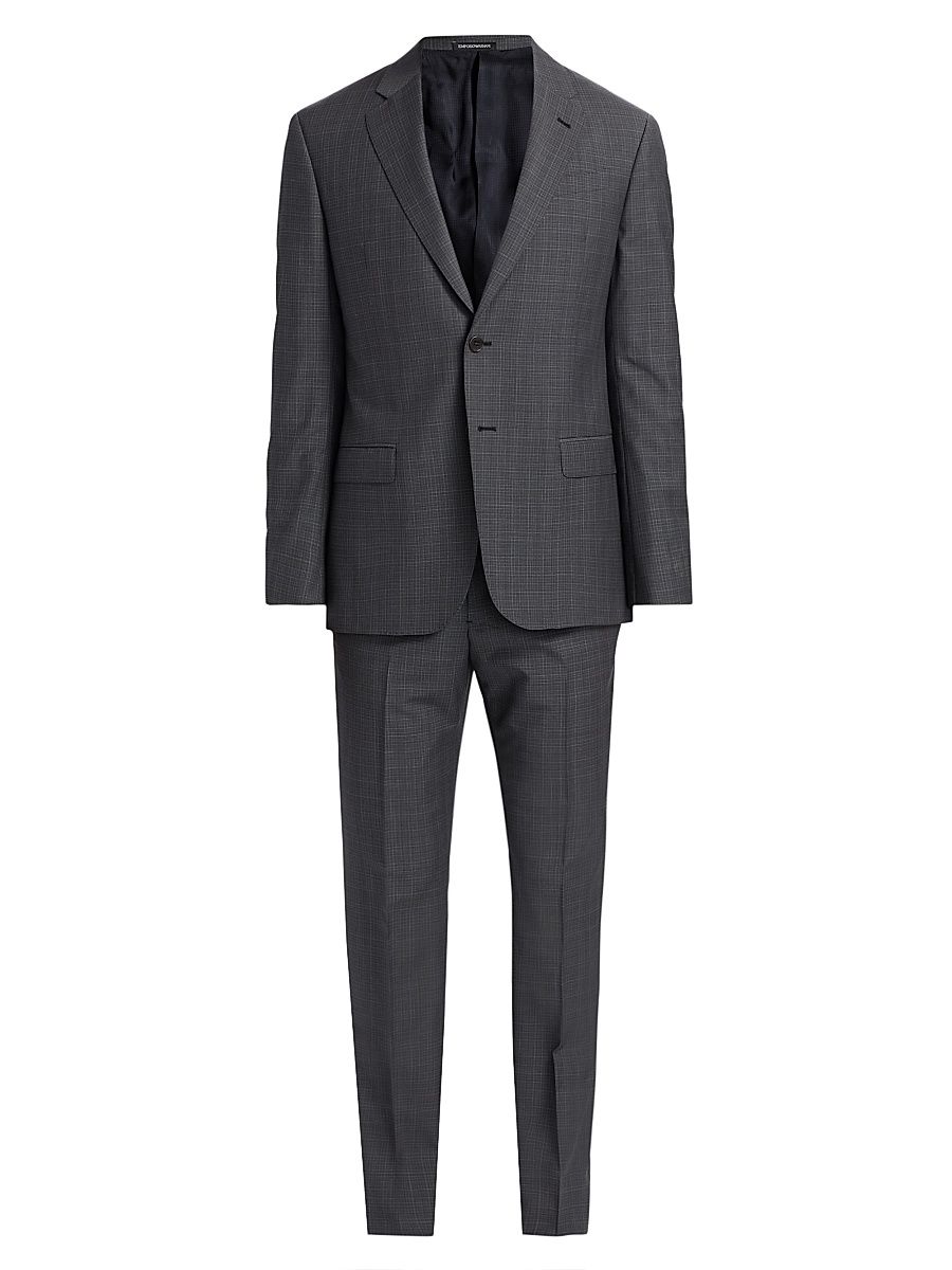 Men's Virgin Wool Plaid Suit - Grey - Size 42