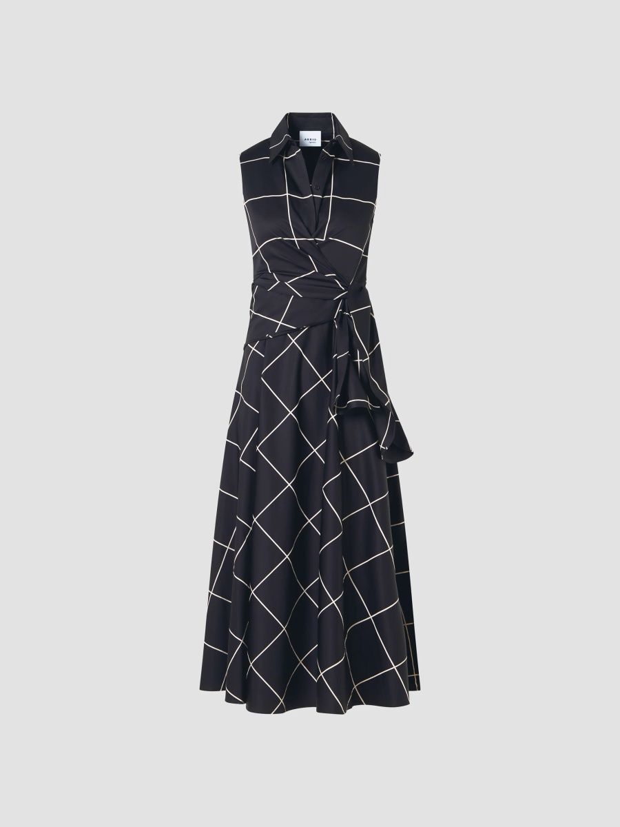 Akris punto Women's Window Check Cotton Satin Wrap Midi Dress - Black Cream - Size 6