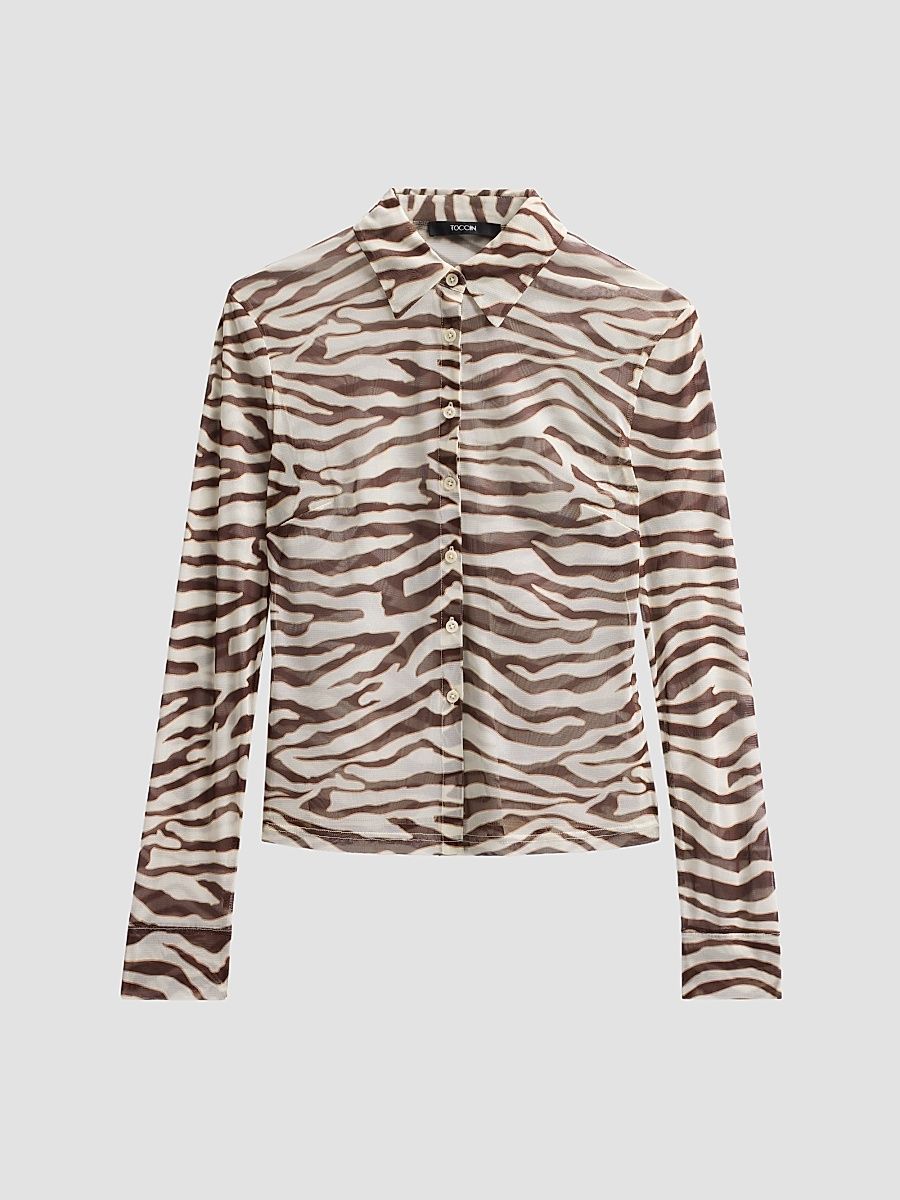 Women's Lennon Sheer Zebra Fitted Button-Front Top - Natural Zebra - Size XL