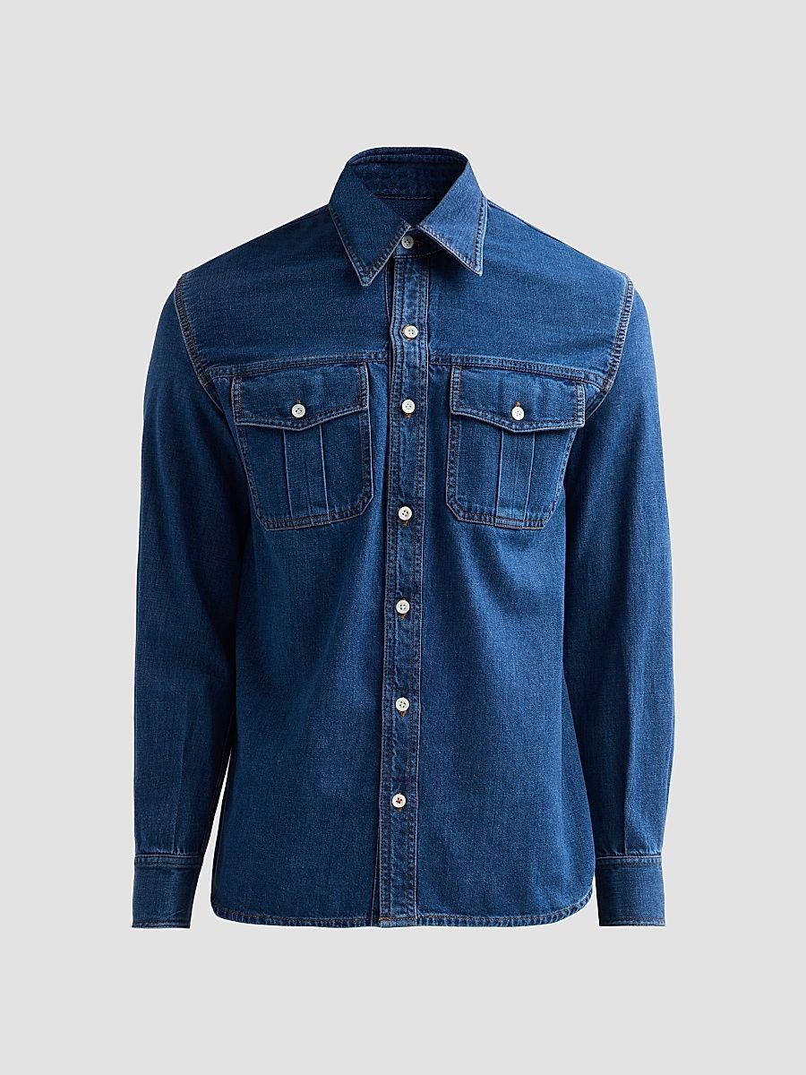 Men's Cotton Denim Pocket Shirt - Medium Blue - Size XXL