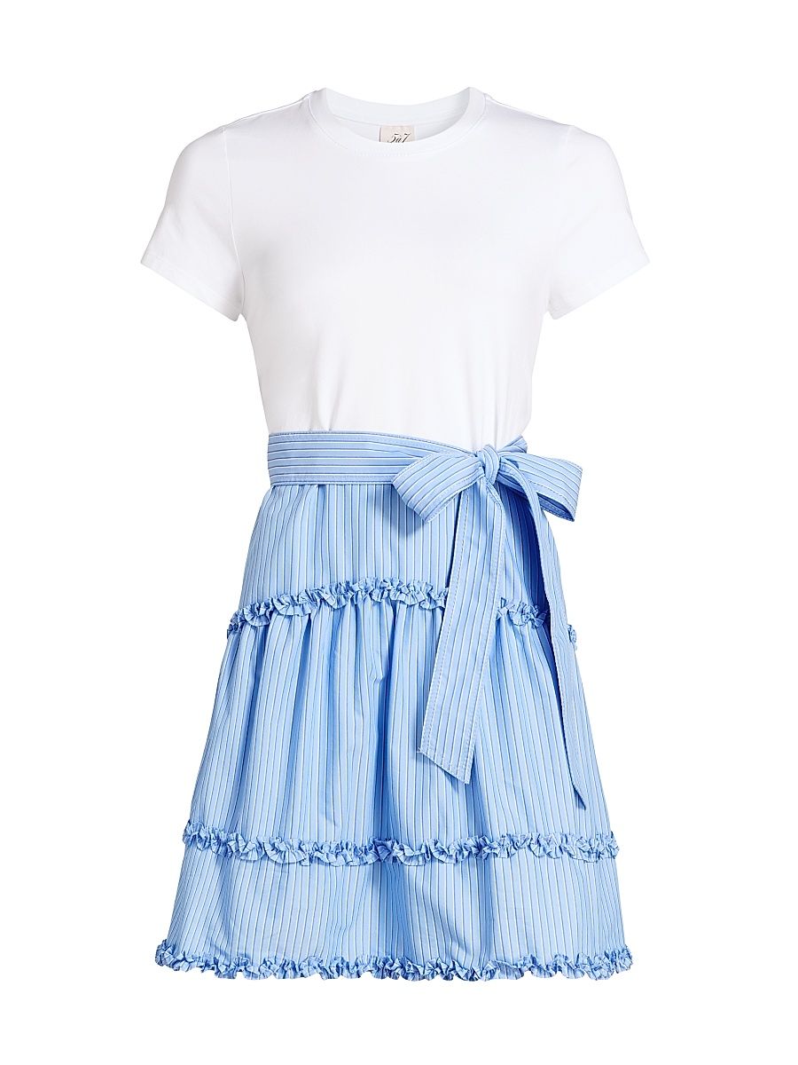 Women's Jessie Mixed-Media Belted Cotton-Blend Minidress - White Blue Wisteria Multi - Size XL