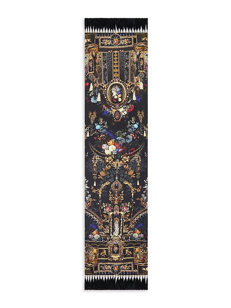 Women's Printed Tassel-Trim Silk Scarf - Night Garden