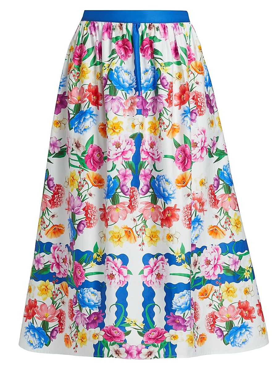 Women's Marcie Cotton Printed Midi-Skirt - Scallop Floral Print - Size 16