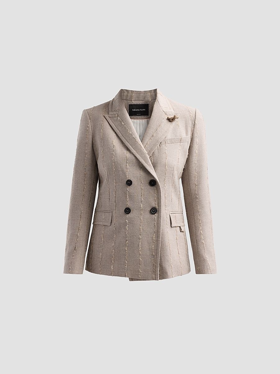 Women's Striped Virgin Wool-Blend Double-Breasted Blazer - Moka Meringa - Size 0
