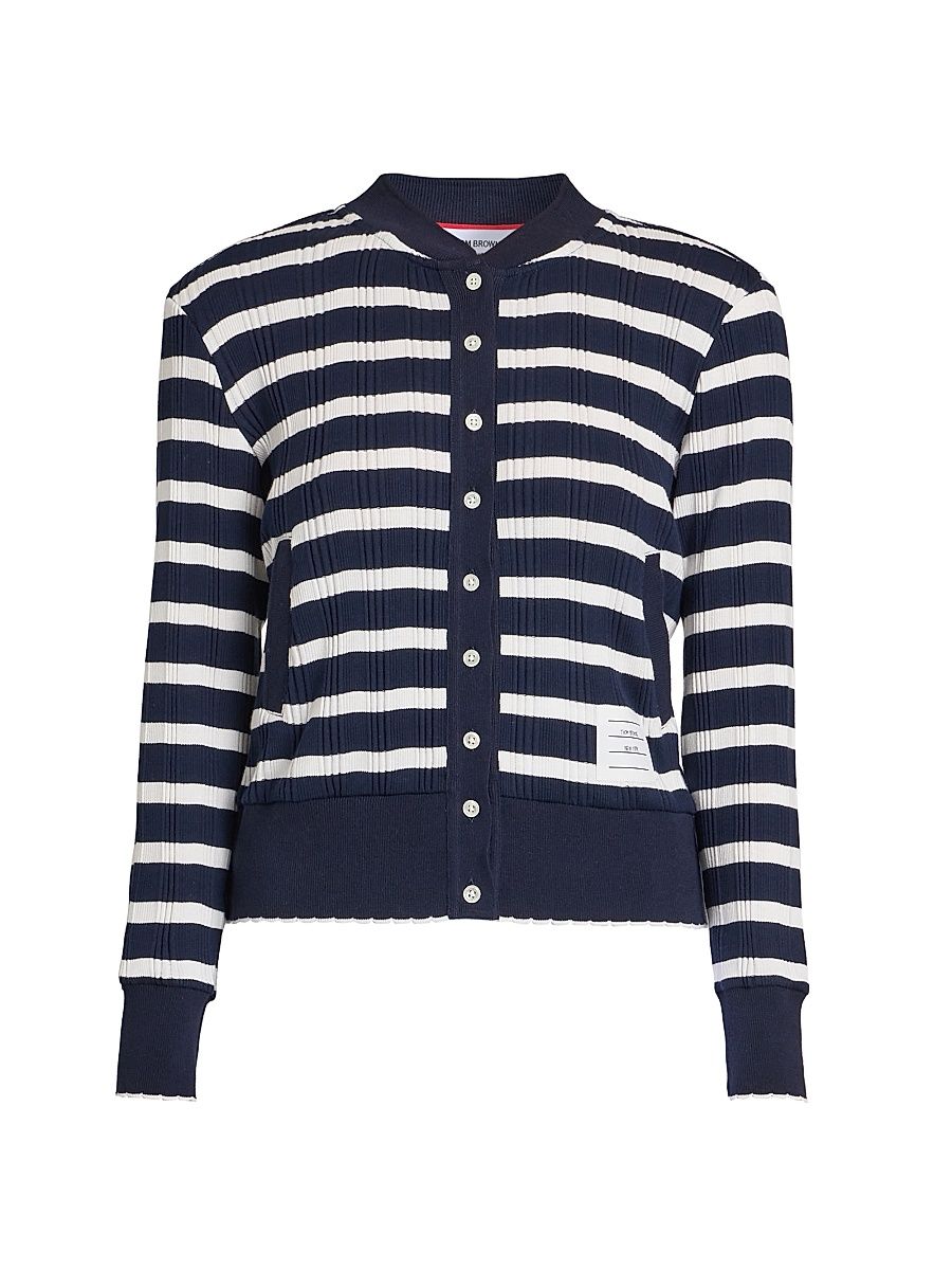 Women's Stripe Rib-Knit Cotton Cardigan - Navy White - Size 10