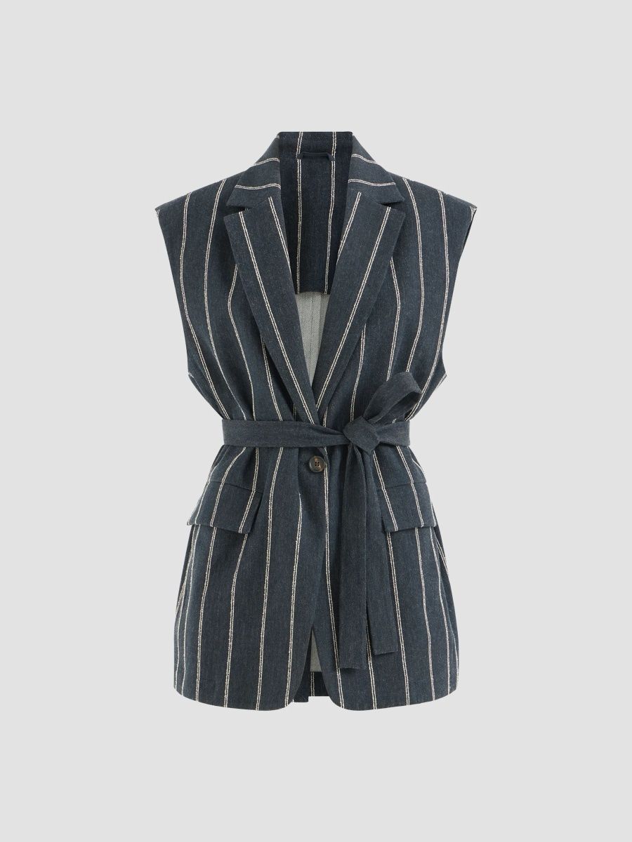 Brunello Cucinelli Women's Double Chalk Stripe Cotton and Linen Denim Belted Vest with Monili - Denim - Size 8
