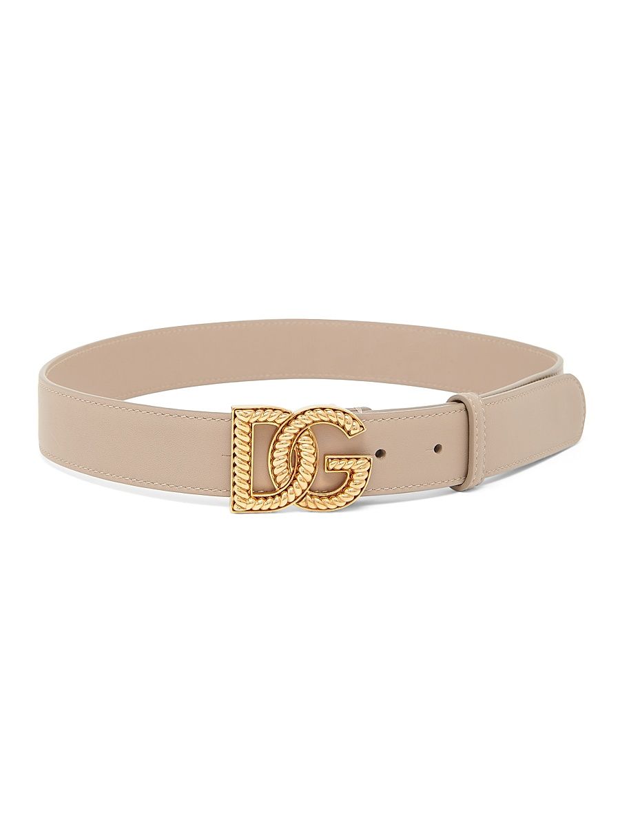 Women's Logo Leather Buckle Belt - Beige - Size XL