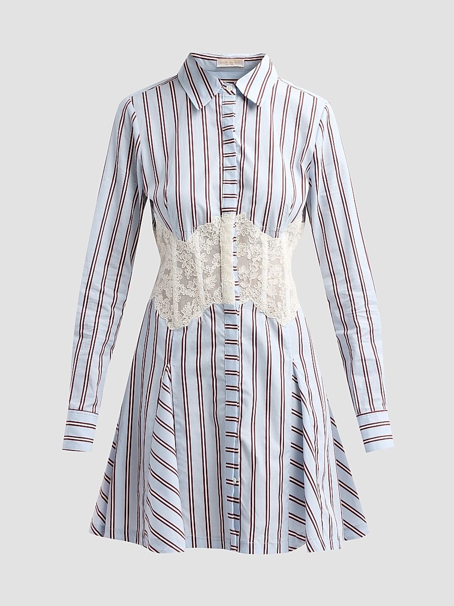 Women's Wren Lace Striped Poplin Mini Dress - Blue Stripe - Size 0