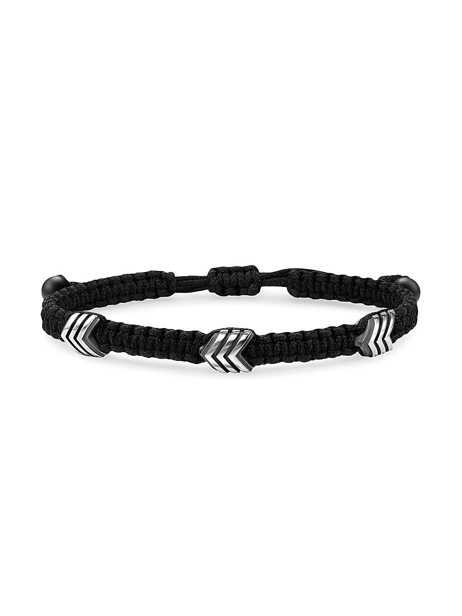 Men's Chevron Black Nylon Woven Station Bracelet - Black Onyx - Size Medium
