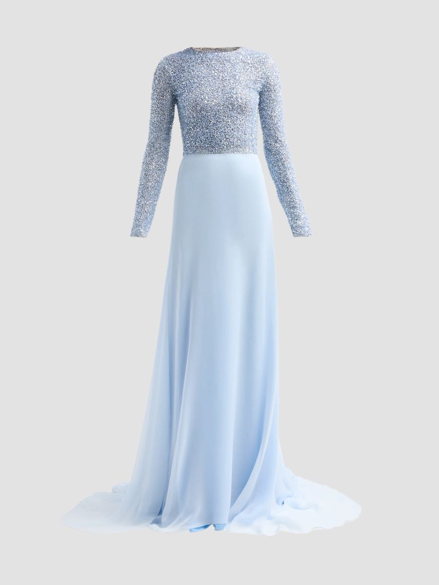 Oscar de la Renta Women's Resort Beaded Bodice Chiffon Gown - Light Blue - Size 12