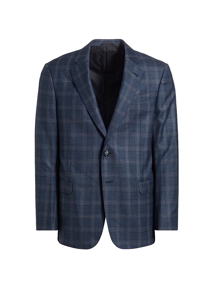 Men's Windowpane Plaid Wool Jacket - Navy Tan - Size 40