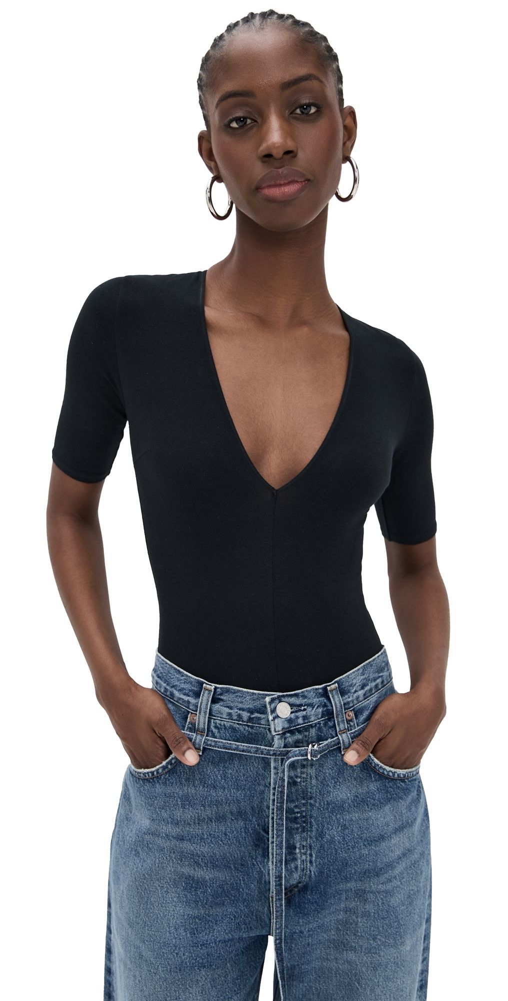 Fleur du Mal Cotton Deep V Thong Bodysuit Black L