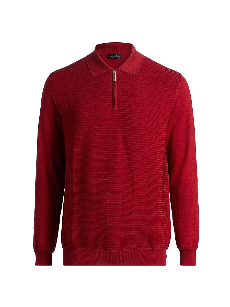 Men's Textured Silk-Cotton Quarter-Zip Polo Shirt - Red - Size 46