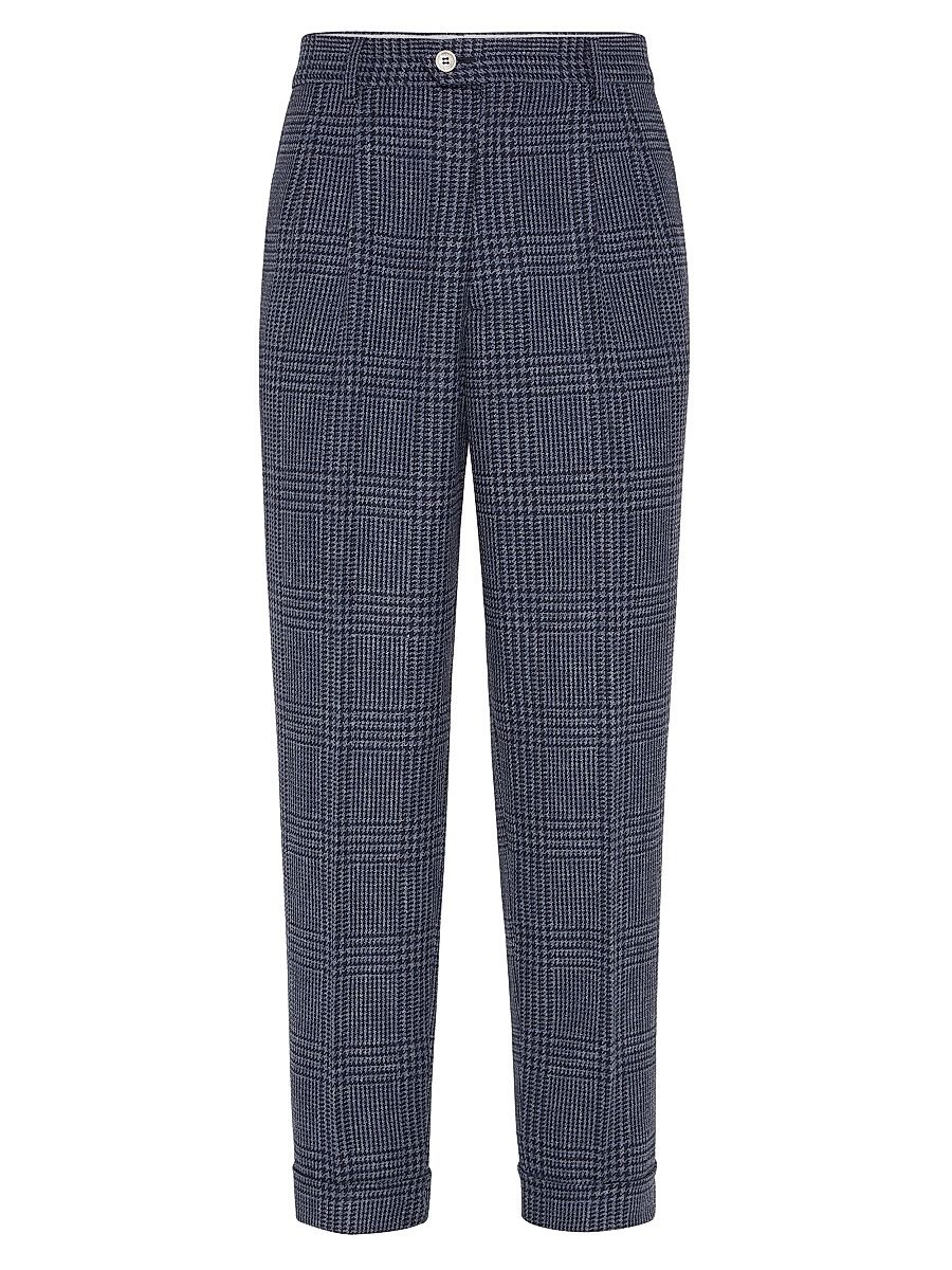 Men's Prince Of Wales Leisure Fit Trousers with Double Pleats - Denim - Size 48