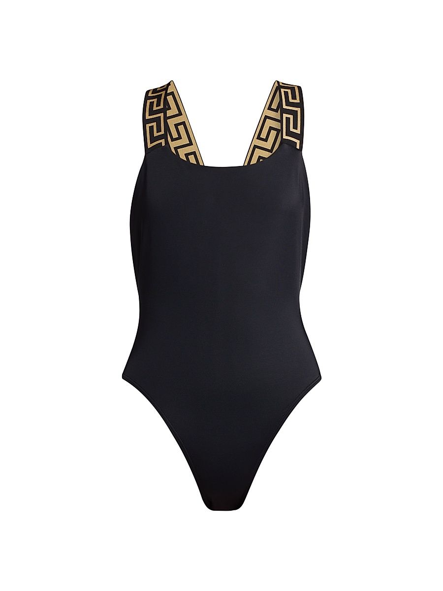 Women's Greek Key Strap One-Piece Swimsuit - Black - Size Large