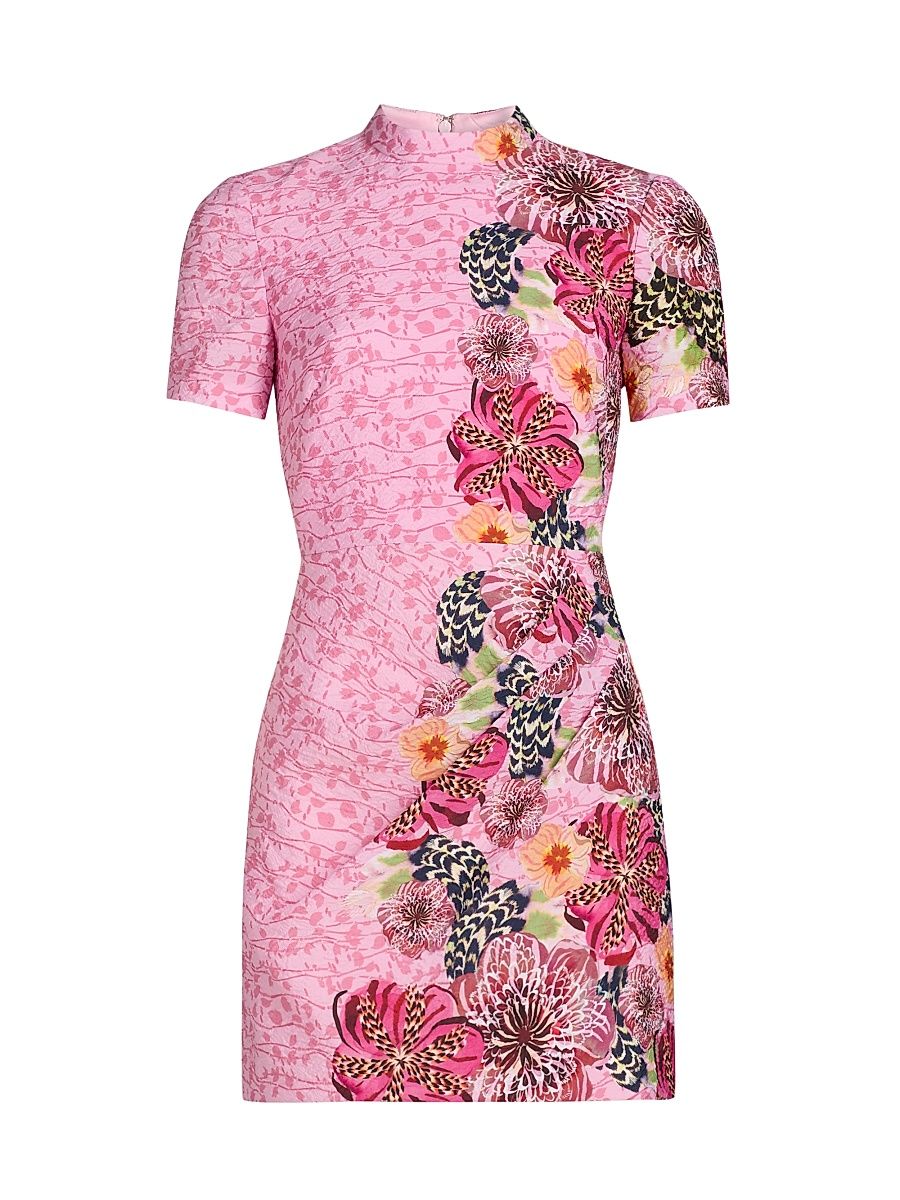 Women's Printed Draped Sheath Minidress - Bamboo Bloom Plmt - Size 6