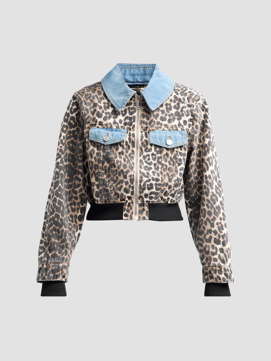 Ganni Women's Leopard Print Denim Bomber Jacket - Almond Milk - Size 14