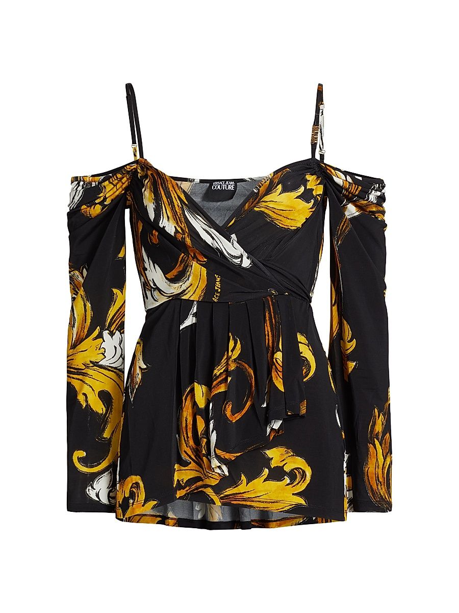 Women's Printed Off-the-Shoulder Blouse - Black Gold - Size 2