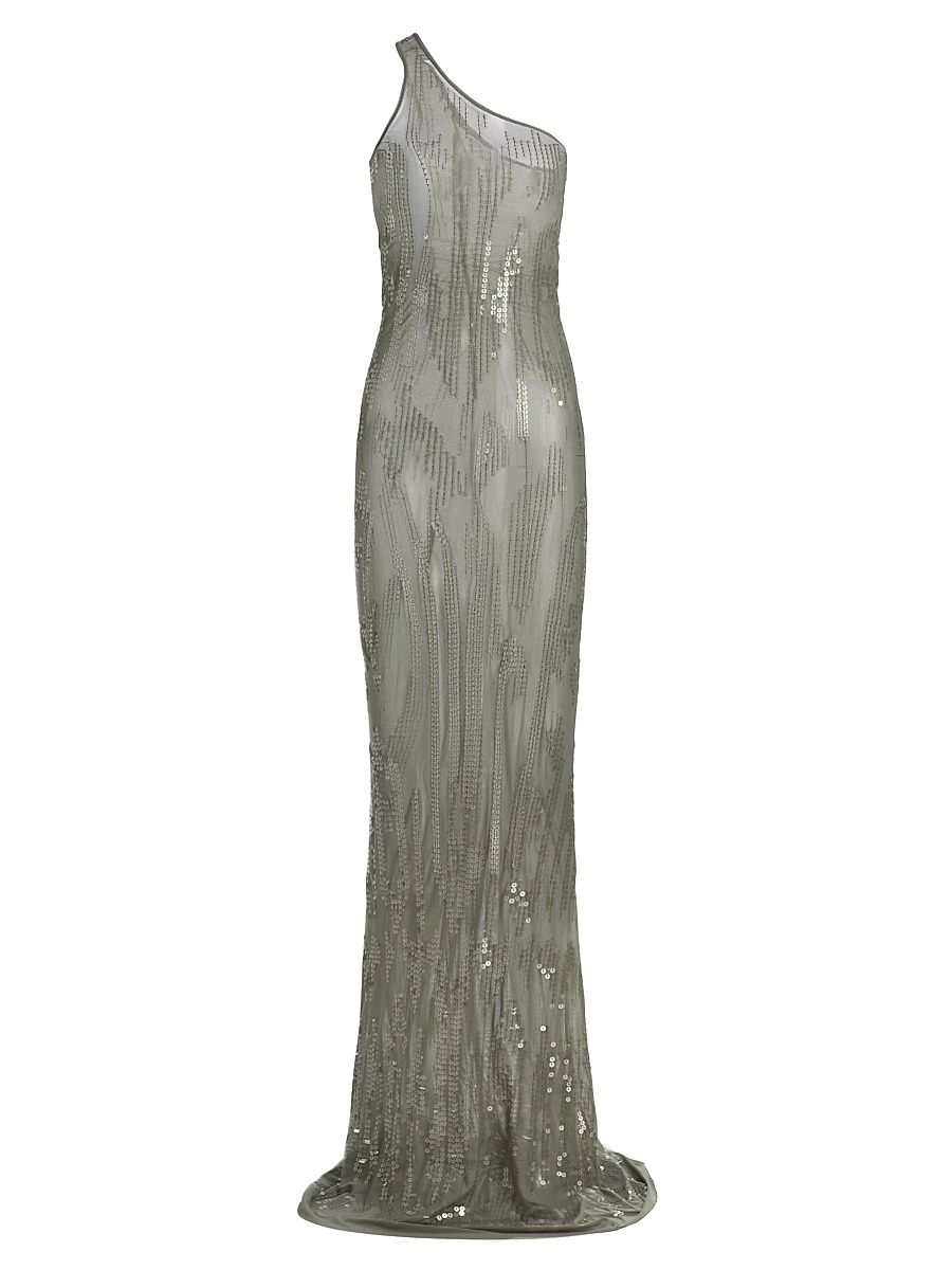 Women's Sheer Sequined One-Shoulder Gown - Jade Transparent - Size 8