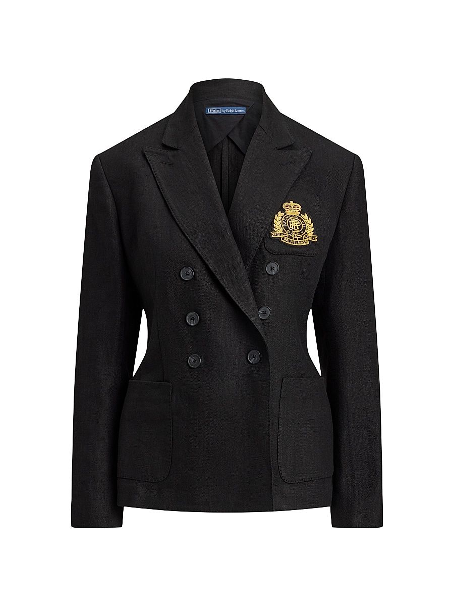 Women's Slim-Fit Linen Double-Breasted Blazer - Polo Black - Size 12