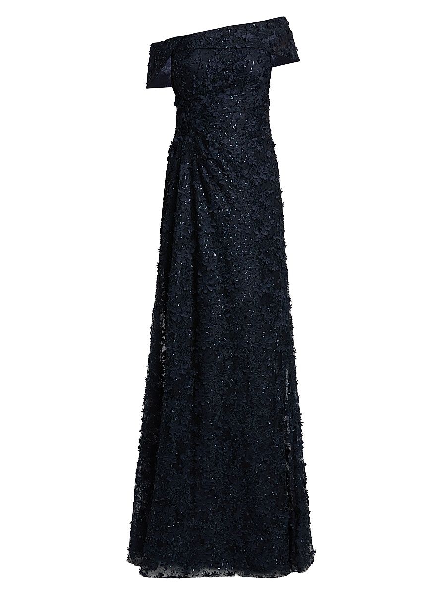 Women's Sequined 3D Lace Off-the-Shoulder Gown - Navy - Size 2