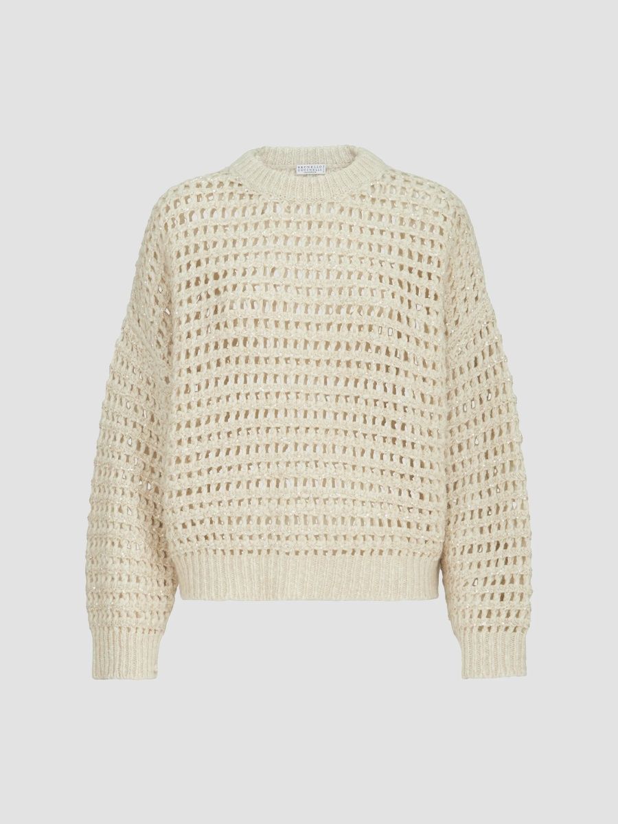 Brunello Cucinelli Women's Dazzling Soft Virgin Wool and Cashmere Net Sweater - Cream - Size XS