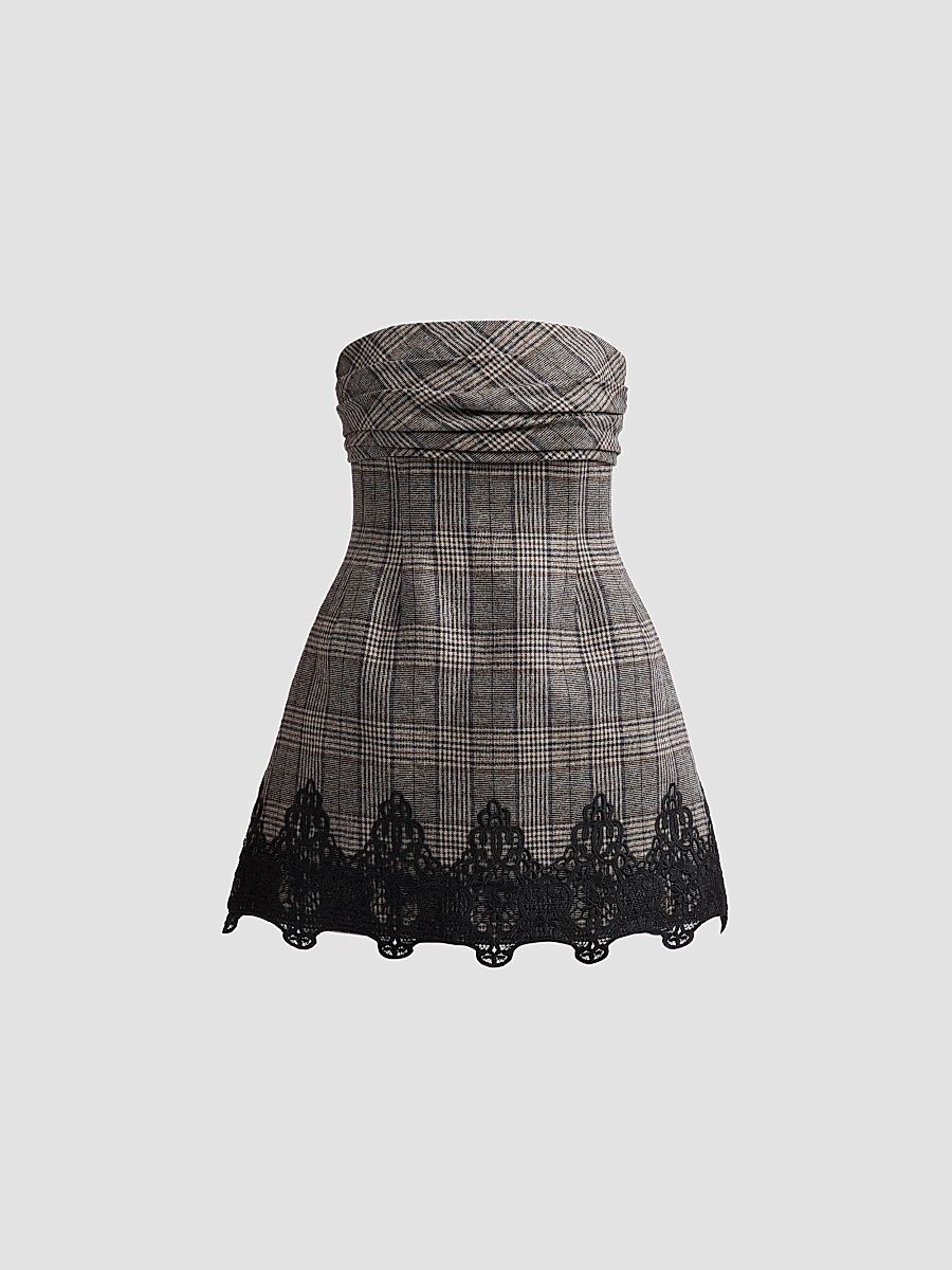 Cara Cara Women's Ina Lace-Trim Glen Plaid Strapless Mini Dress - Keighly Plaid Grey - Size 12
