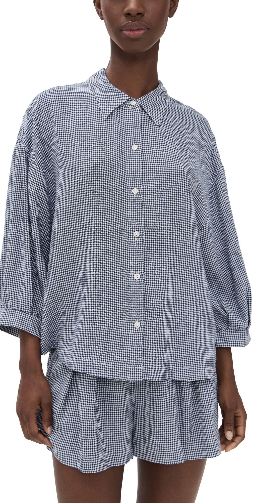 Eberjey Linen Blend Relaxed Sleeve Top Gingham White/Navy XL