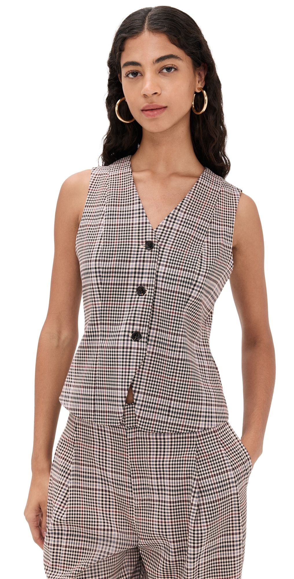 LE BOP Jacey Neck Vest Tan Plaid L
